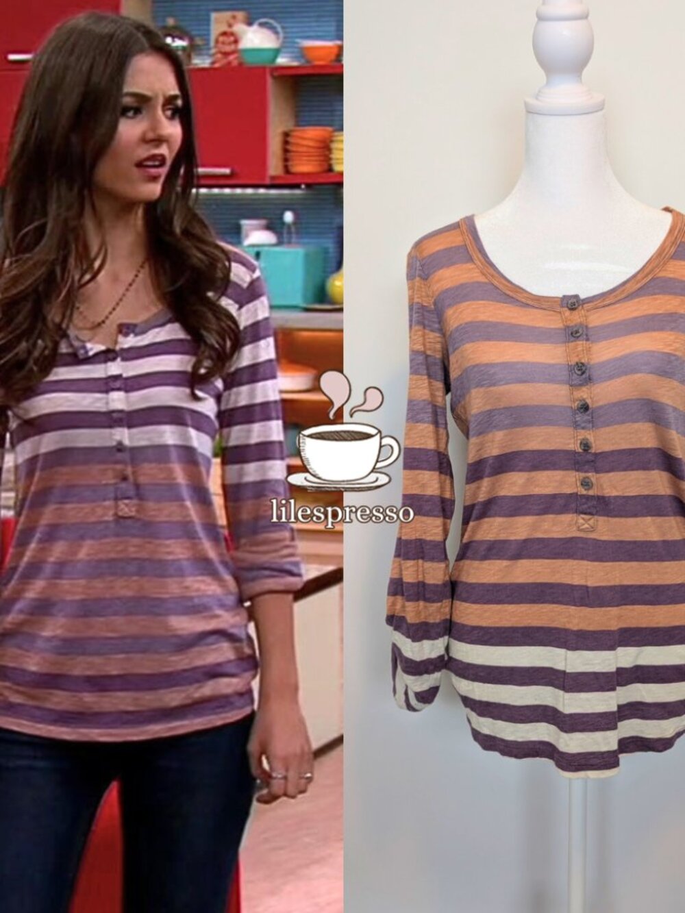 splendid purple stripe 3/4 sleeve henley top ASO tori vega victorious (small)